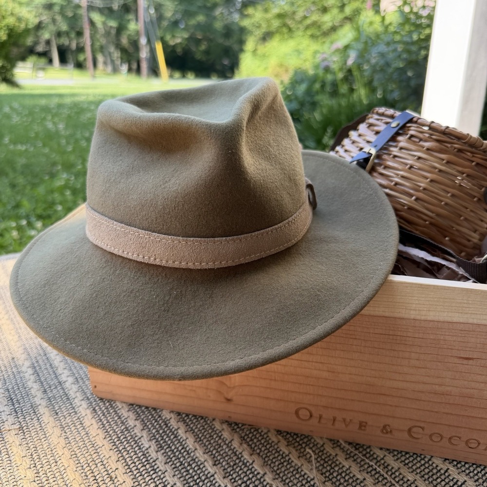 Vintage Orvis Olive Green Wool Felt Outback Fedora Hat‎ USA Made Suede Band S